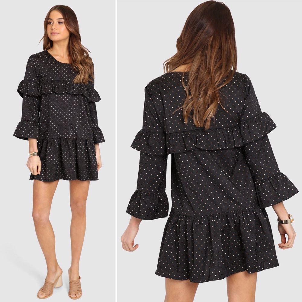 Lost In Lunar Connect the Dots Black and Gold Polka Dot Dress